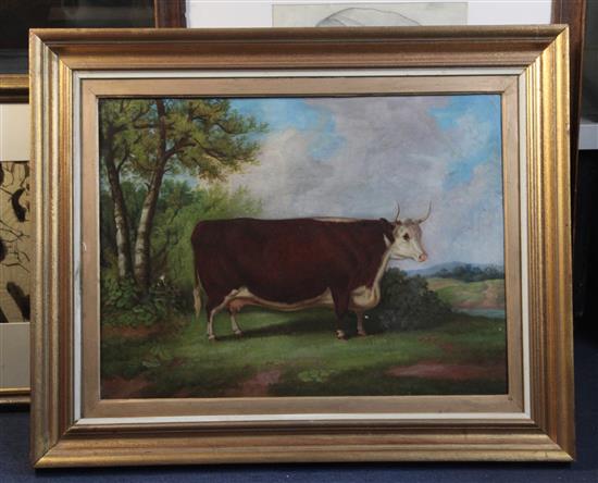 Richard Whitford (c.1821-1890) Portrait of a prize cow standing in a landscape 18 x 24in.
